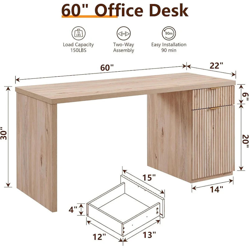 60 - Inch Contemporary Executive Desk - Wooden Home Office & Fluted Computer Desk for Bathroom, Kitchen & Home Upgrades
