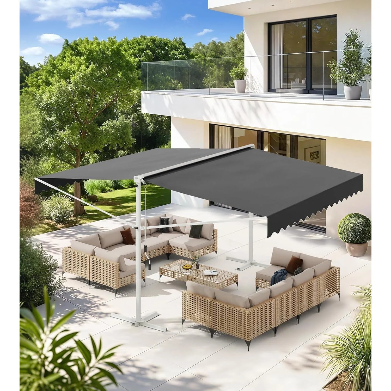 AECOJOY Free Standing Retractable Awning, 10'x10' Dual Side Patio Awnings Outdoor Manual Sun Shade Shelter, Dark Grey for Yard, Garden & Outdoor Care
