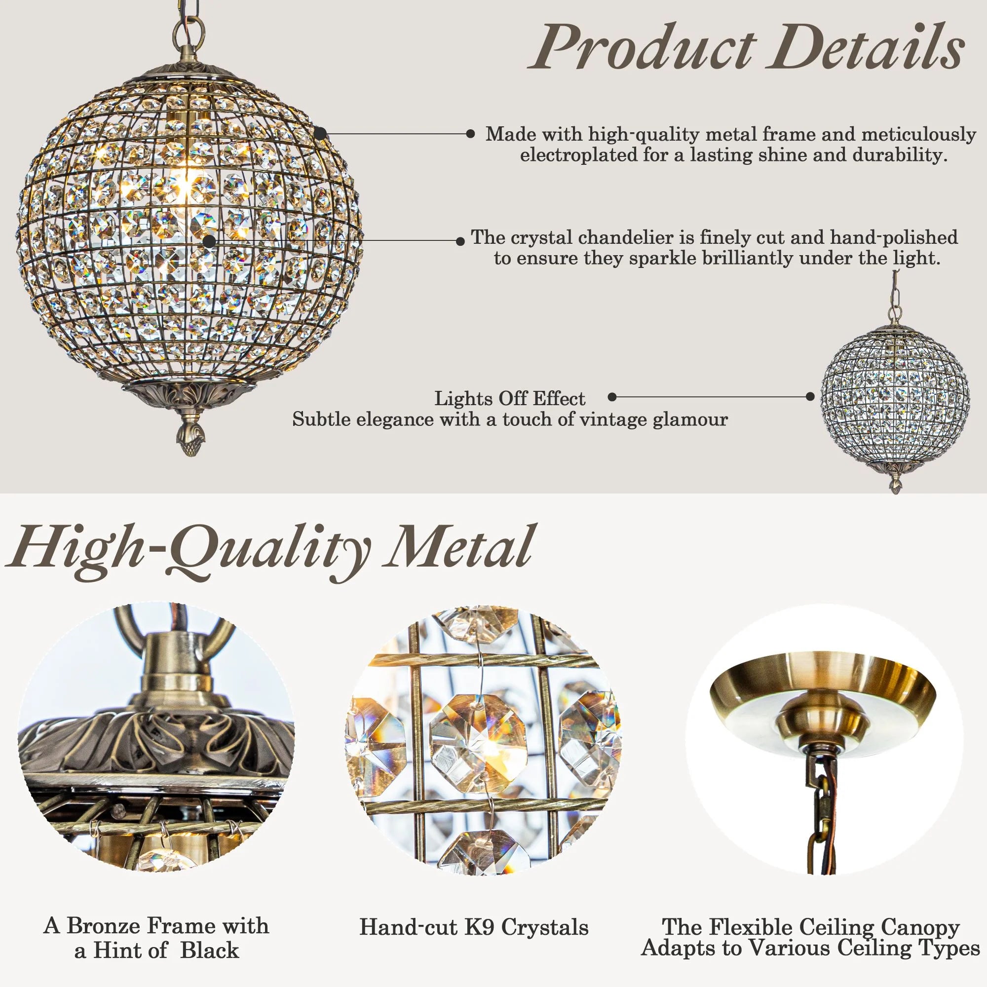 1-Light 12" Retro Antique Gold Crystal Globe Chandelier Small Sphere Pendant Light