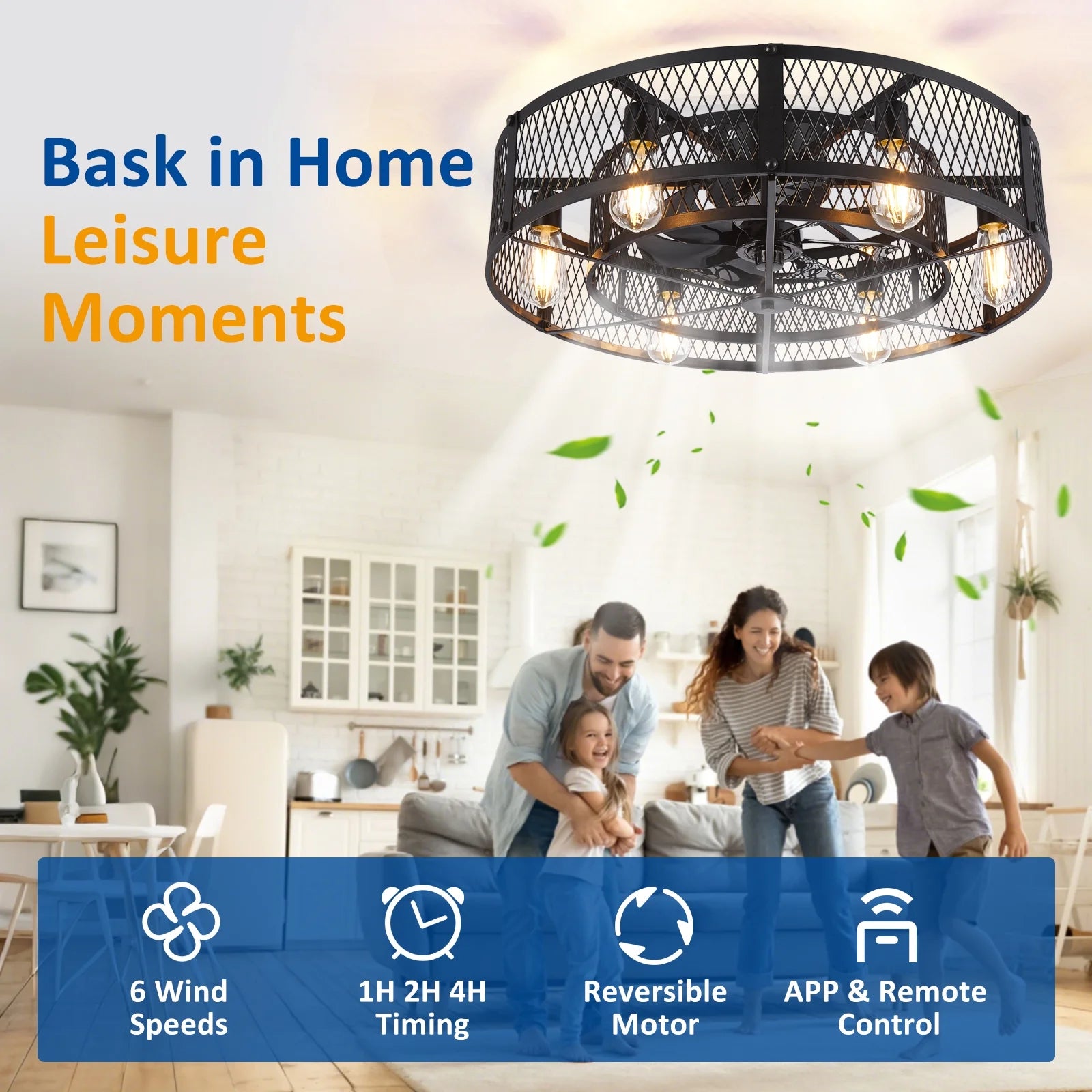 26 - Inch Farmhouse Caged Ceiling Fan with Light, Remote & APP Control Quiet DC Motor E26 Bulbs Included Black for Bedroom, Living Room & Home Comfort